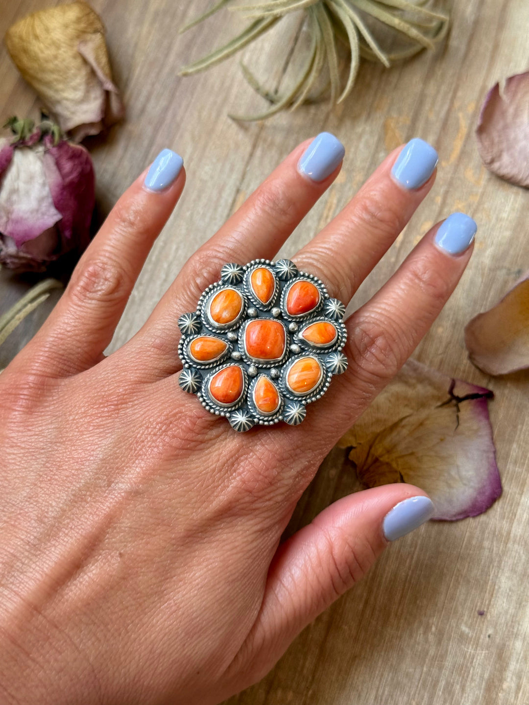 Sterling Silver Orange Spiny Oyster Mosaic Cluster Ring Size 7.5, Artist Shay Pfeiffer ring Shopify Collective The Bijoux FAB Jewelry The Bijoux FAB Jewelry