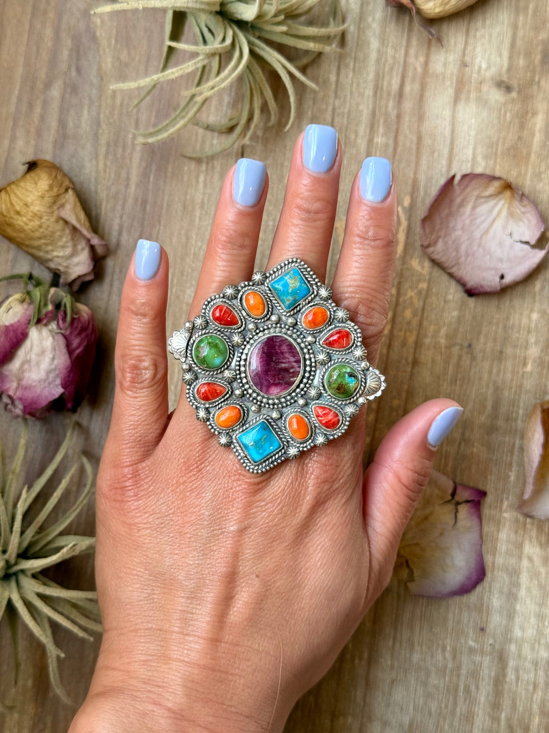Mosaic Cluster Ring – Sterling Silver – Sonoran Mountain, Blue Ridge Turquoise & Spiny Oyster – Size 9 – Artist Shay Pfeiffer ring Shopify Collective The Bijoux FAB Jewelry The Bijoux FAB Jewelry