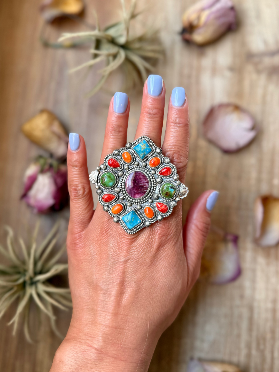 Mosaic Cluster Ring – Sterling Silver – Sonoran Mountain, Blue Ridge Turquoise & Spiny Oyster – Size 9 – Artist Shay Pfeiffer ring Shopify Collective The Bijoux FAB Jewelry The Bijoux FAB Jewelry