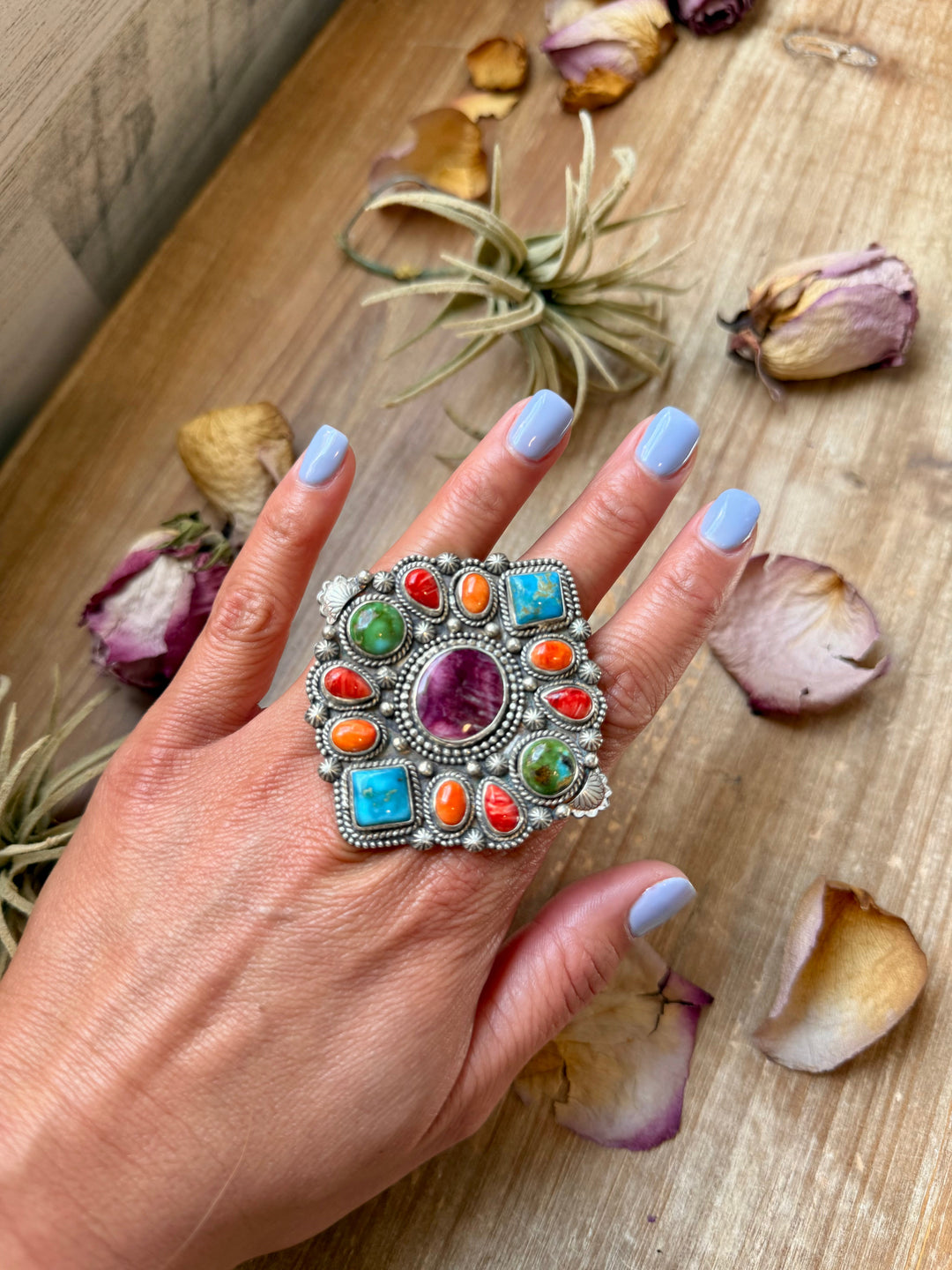 Mosaic Cluster Ring – Sterling Silver – Sonoran Mountain, Blue Ridge Turquoise & Spiny Oyster – Size 9 – Artist Shay Pfeiffer ring Shopify Collective The Bijoux FAB Jewelry The Bijoux FAB Jewelry