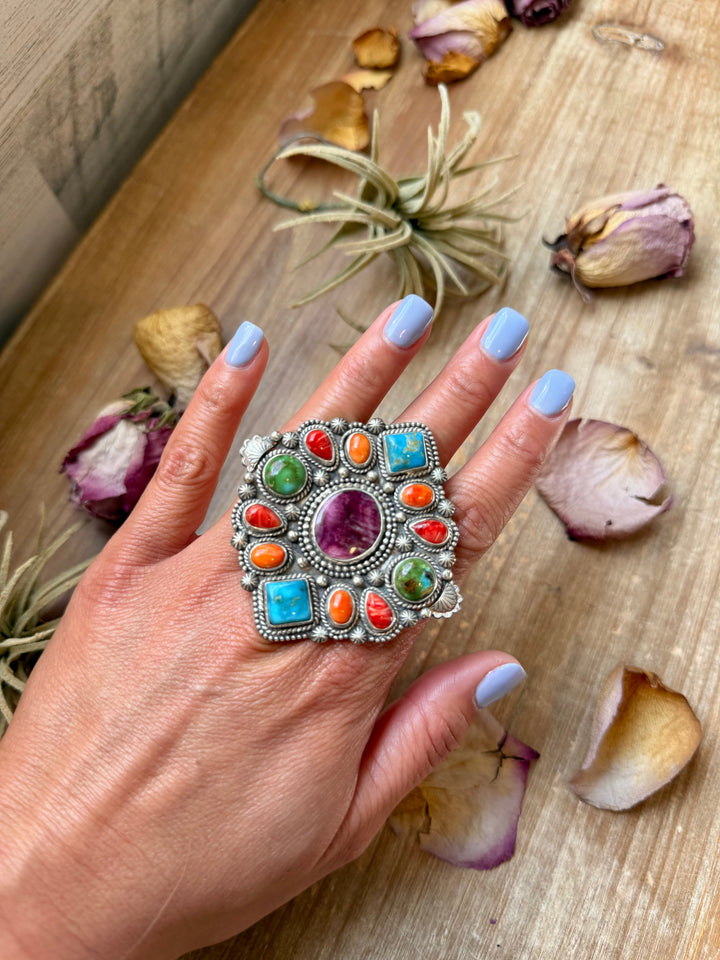 Mosaic Cluster Ring – Sterling Silver – Sonoran Mountain, Blue Ridge Turquoise & Spiny Oyster – Size 9 – Artist Shay Pfeiffer ring Shopify Collective The Bijoux FAB Jewelry The Bijoux FAB Jewelry
