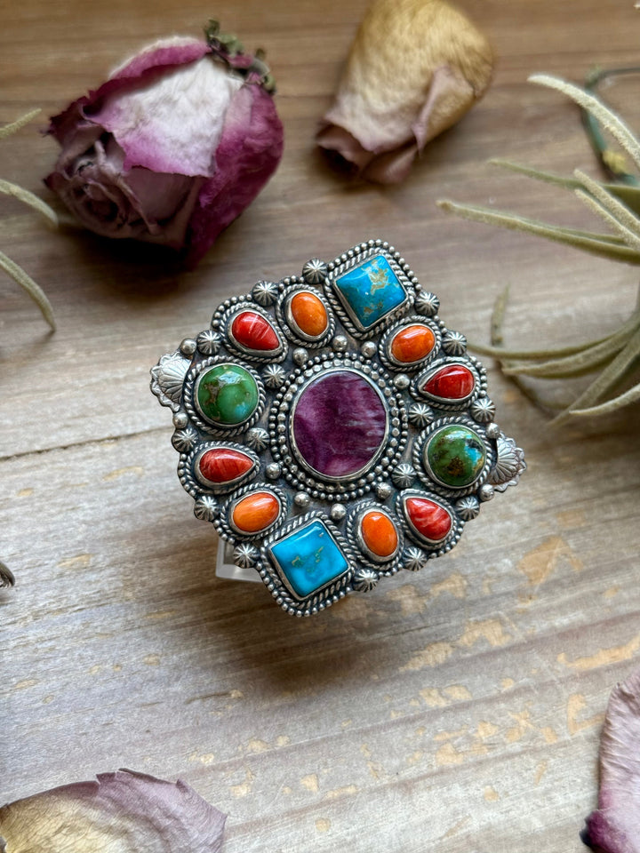 Mosaic Cluster Ring – Sterling Silver – Sonoran Mountain, Blue Ridge Turquoise & Spiny Oyster – Size 9 – Artist Shay Pfeiffer ring Shopify Collective The Bijoux FAB Jewelry The Bijoux FAB Jewelry