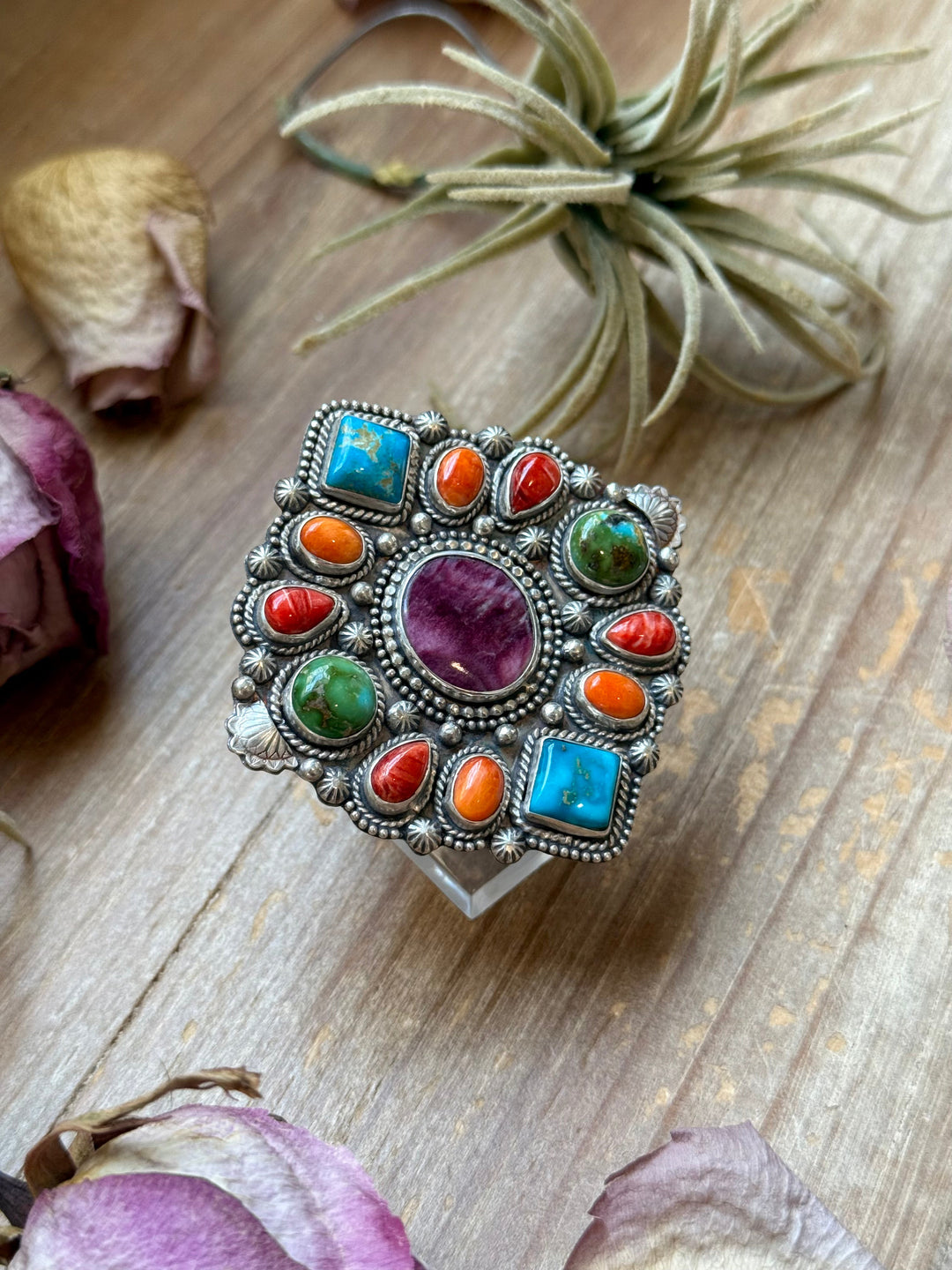 Mosaic Cluster Ring – Sterling Silver – Sonoran Mountain, Blue Ridge Turquoise & Spiny Oyster – Size 9 – Artist Shay Pfeiffer ring Shopify Collective The Bijoux FAB Jewelry The Bijoux FAB Jewelry