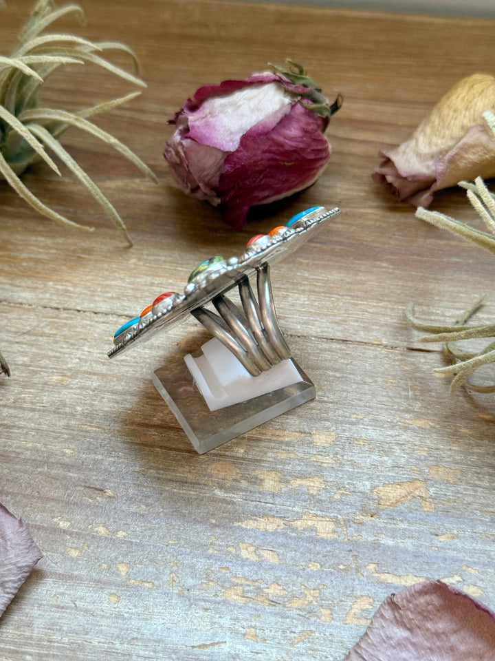 Mosaic Cluster Ring – Sterling Silver – Sonoran Mountain, Blue Ridge Turquoise & Spiny Oyster – Size 9 – Artist Shay Pfeiffer ring Shopify Collective The Bijoux FAB Jewelry The Bijoux FAB Jewelry