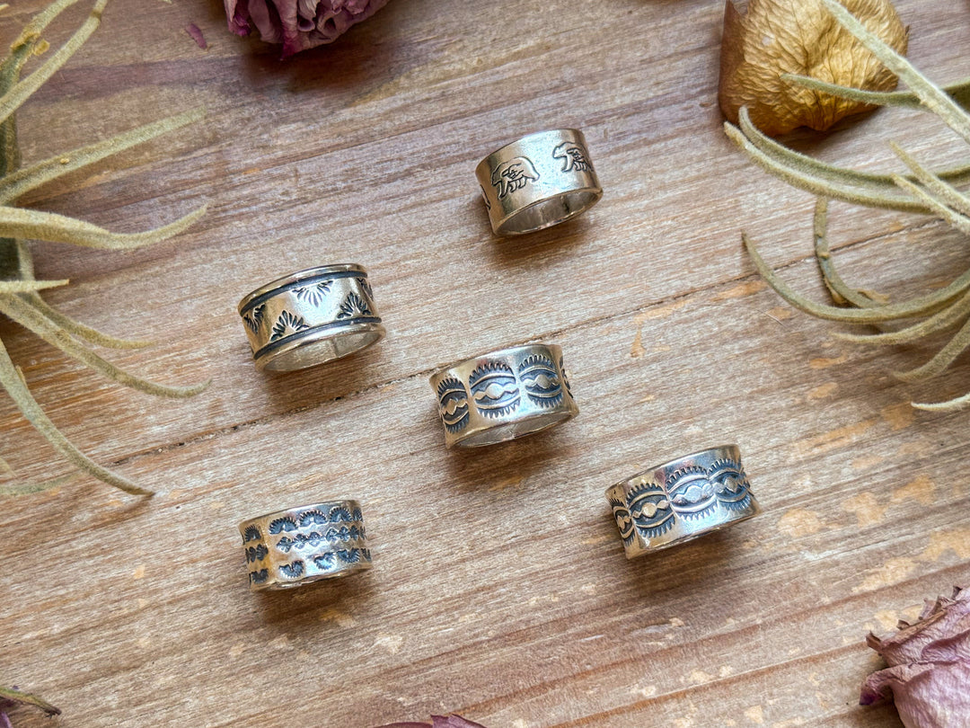 Sterling Silver Hand-Milled Wide Band Aloe Stamped Ring – Size 8.5 – Handmade by Artist Jason Ogg ring Shopify Collective The Bijoux FAB Jewelry The Bijoux FAB Jewelry