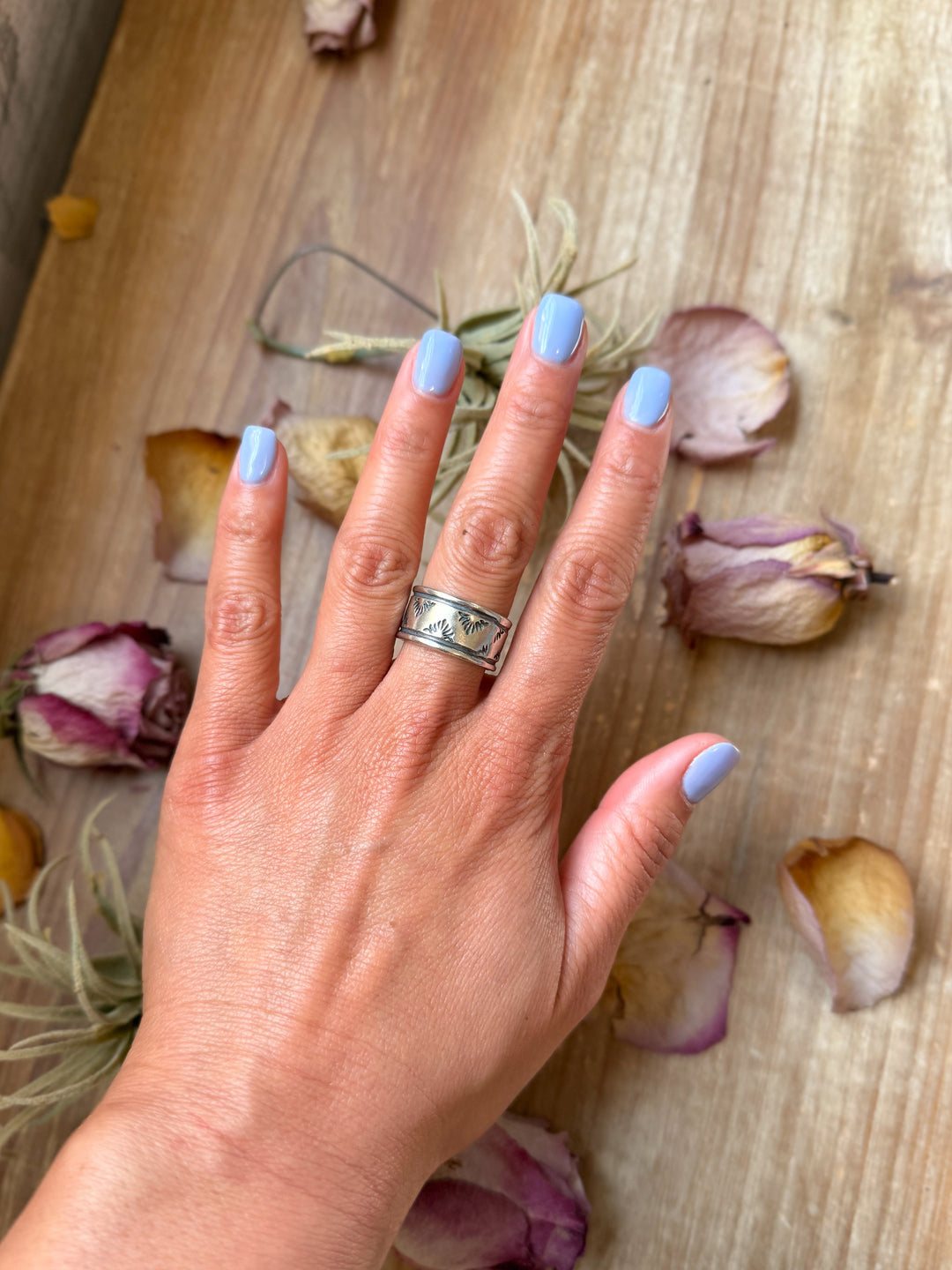Sterling Silver Hand-Milled Wide Band Aloe Stamped Ring – Size 8.5 – Handmade by Artist Jason Ogg ring Shopify Collective The Bijoux FAB Jewelry The Bijoux FAB Jewelry
