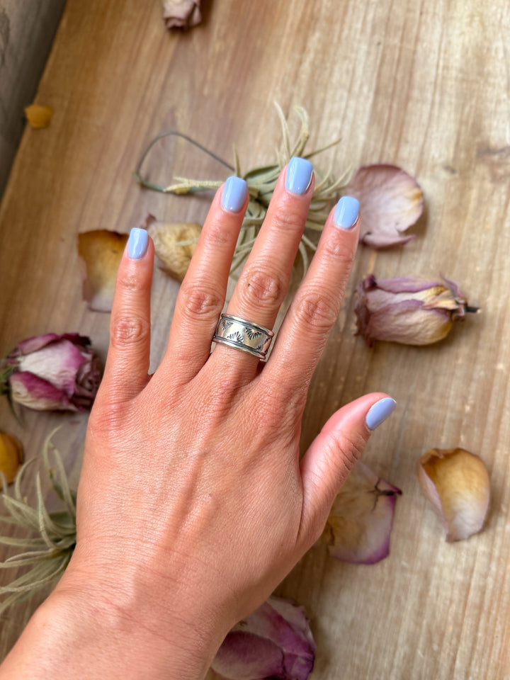 Sterling Silver Hand-Milled Wide Band Aloe Stamped Ring – Size 8.5 – Handmade by Artist Jason Ogg ring Shopify Collective The Bijoux FAB Jewelry The Bijoux FAB Jewelry