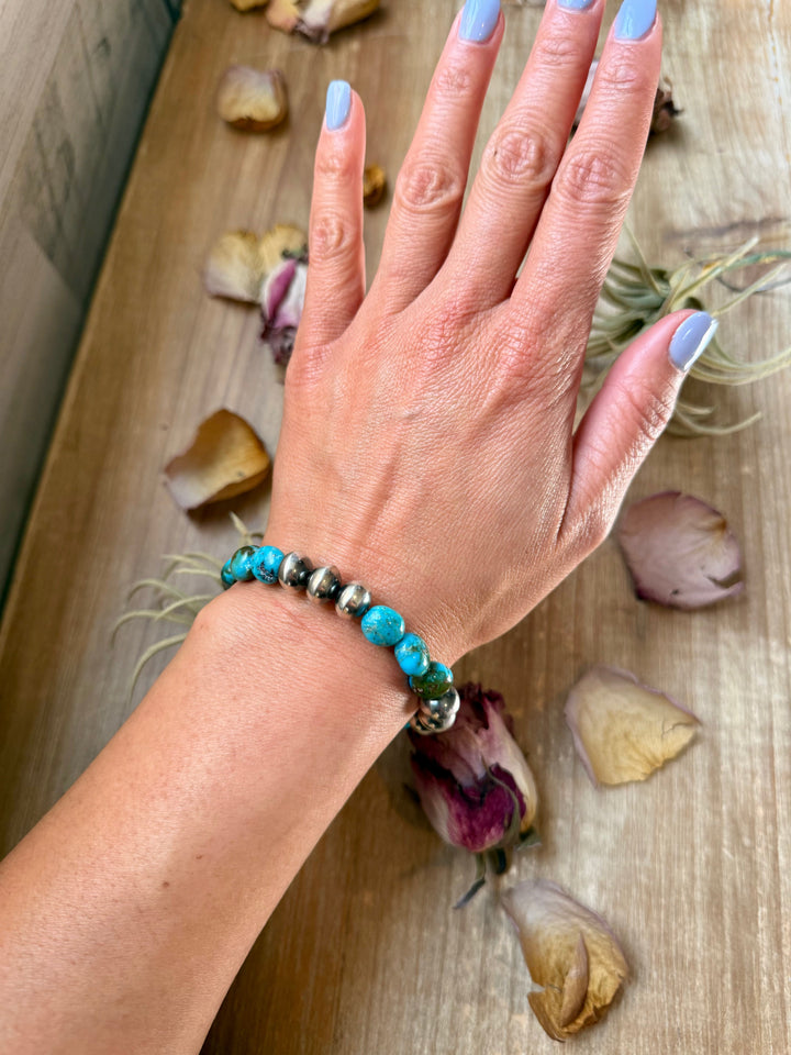 Sterling Silver Spiderweb Kingman Turquoise & Ponca Pearl Memory Wire Bracelet – Fits Up to 9” Wrist – Artist Jason Ogg necklaces Shopify Collective The Bijoux FAB Jewelry The Bijoux FAB Jewelry