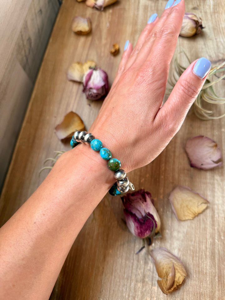 Sterling Silver Spiderweb Kingman Turquoise & Ponca Pearl Memory Wire Bracelet – Fits Up to 9” Wrist – Artist Jason Ogg necklaces Shopify Collective The Bijoux FAB Jewelry The Bijoux FAB Jewelry