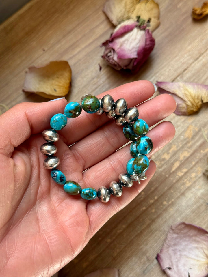 Sterling Silver Spiderweb Kingman Turquoise & Ponca Pearl Memory Wire Bracelet – Fits Up to 9” Wrist – Artist Jason Ogg necklaces Shopify Collective The Bijoux FAB Jewelry The Bijoux FAB Jewelry