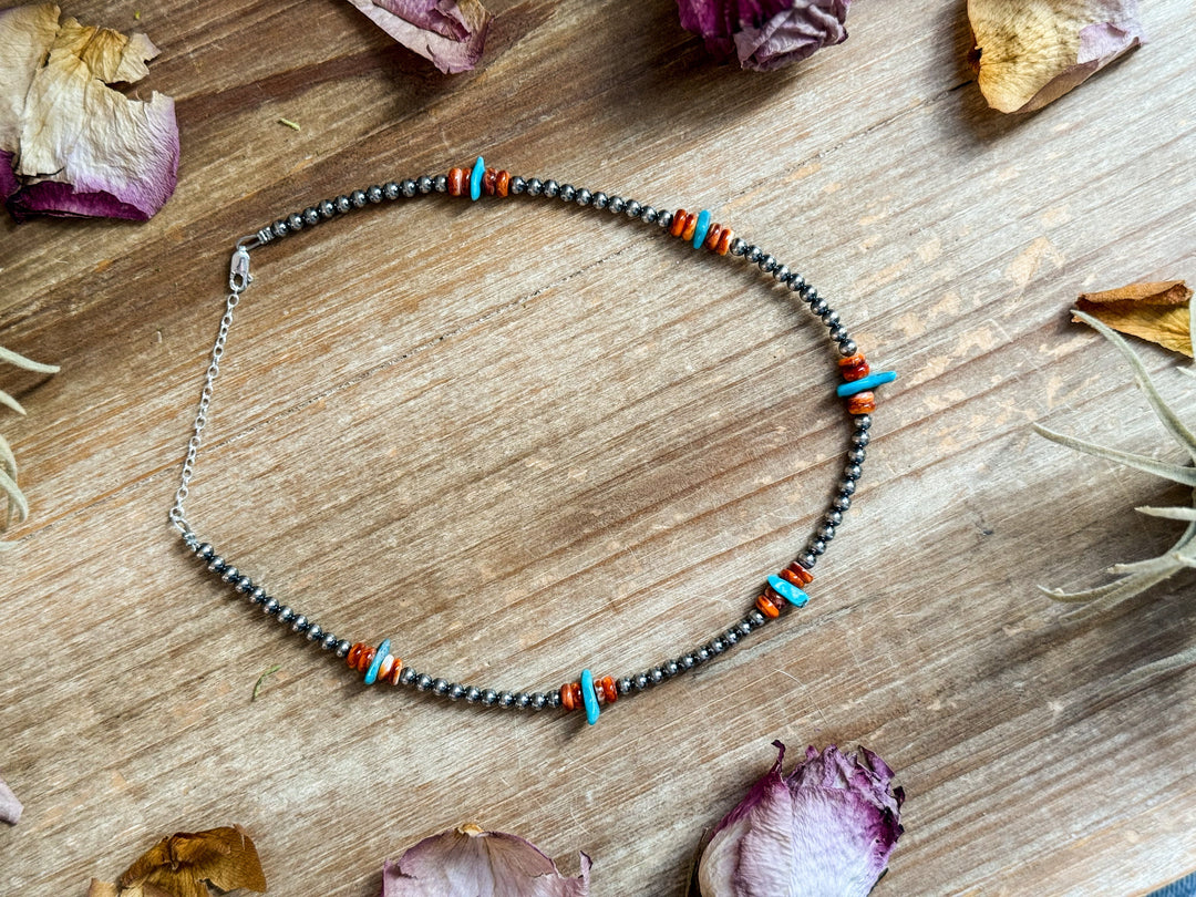 Sterling Silver Pearl Necklace with Orange Spiny Oyster & Sleeping Beauty Turquoise Chips – 14.5” Necklaces Shopify Collective The Bijoux FAB Jewelry The Bijoux FAB Jewelry