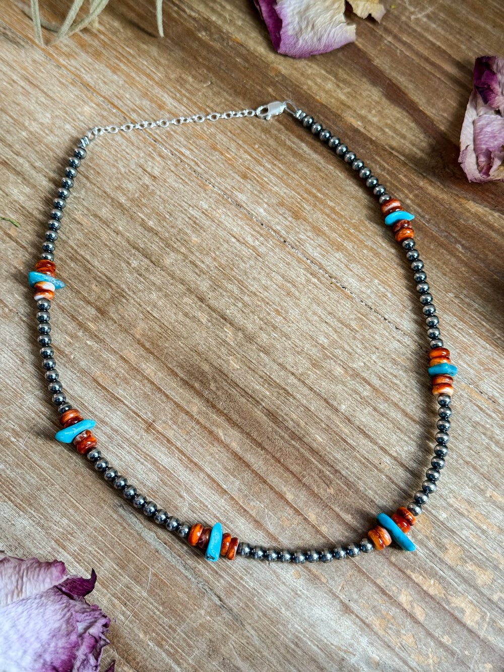 Sterling Silver Pearl Necklace with Orange Spiny Oyster & Sleeping Beauty Turquoise Chips – 14.5” Necklaces Shopify Collective The Bijoux FAB Jewelry The Bijoux FAB Jewelry