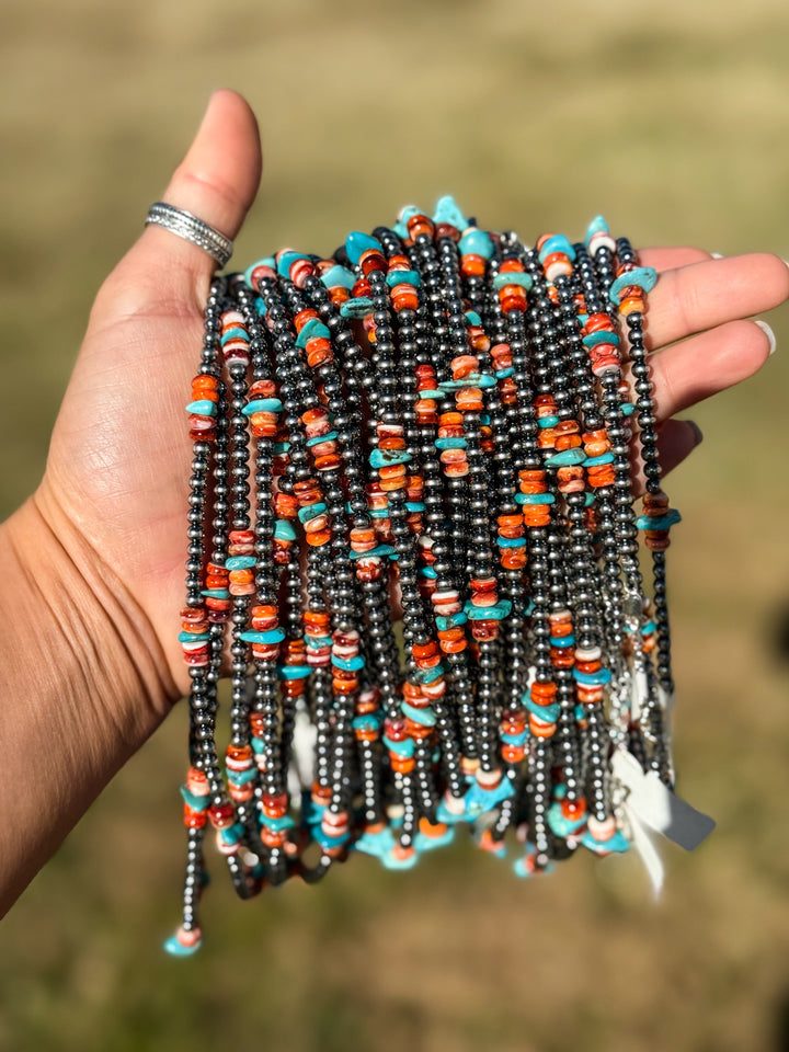 Sterling Silver Pearl Necklace with Orange Spiny Oyster & Sleeping Beauty Turquoise Chips – 14.5” Necklaces Shopify Collective The Bijoux FAB Jewelry The Bijoux FAB Jewelry