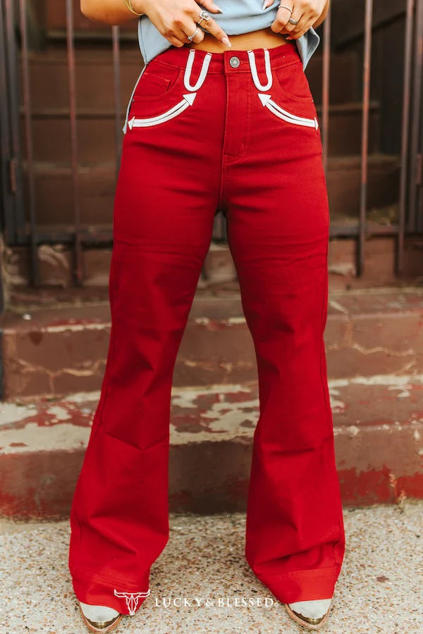 Red Stretch Denim Western Arrow Pocket Detail High Rise Wide Leg Jeans (31in Inseam)
