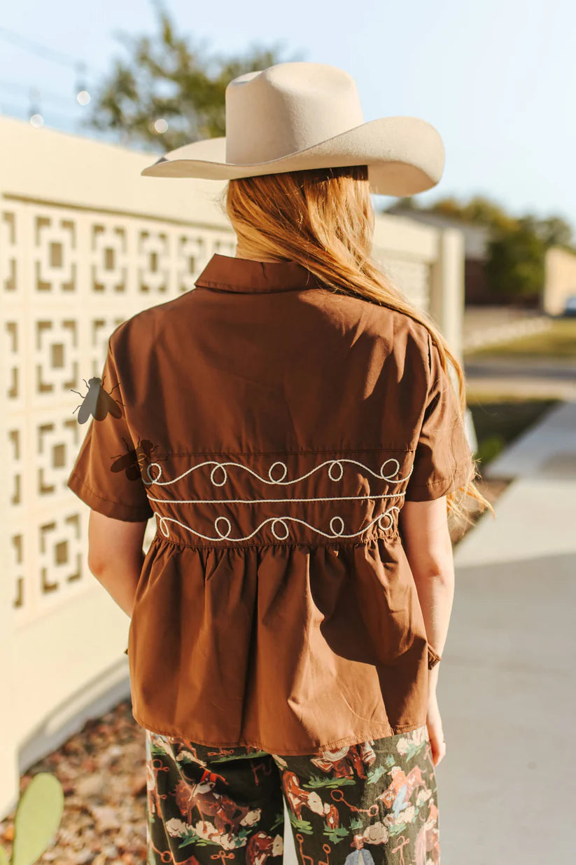 Loopty Lou Chocolate Snap Shirt Shirt blouse Shirt Short Sleeve Snap Shirt Women's Women’s Clothing 2 Fly