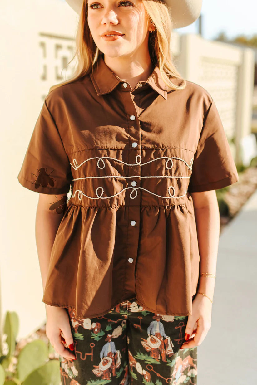 Loopty Lou Chocolate Snap Shirt Shirt blouse Shirt Short Sleeve Snap Shirt Women's Women’s Clothing 2 Fly