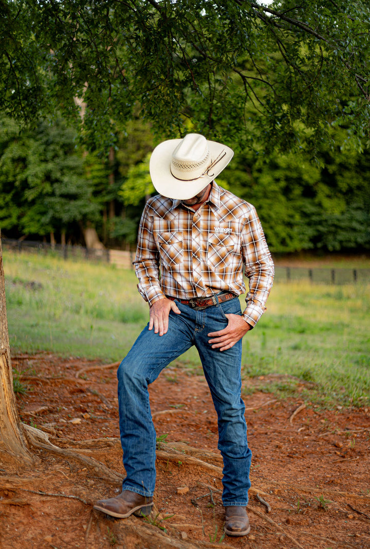 Wrangler® Long Sleeve Logo Shirt - Snaps - Brown - 112381988 Shirt Long Sleeve Men's Snap Shirt Wrangler Wrangler