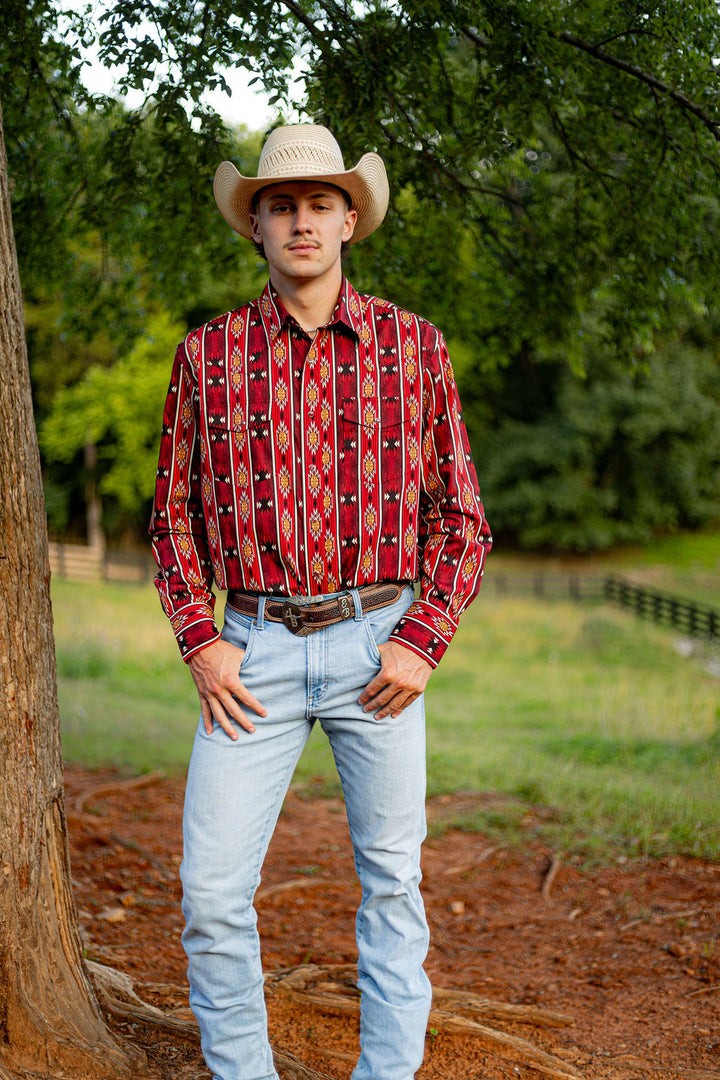 Checotah® Dress Western Long Sleeve Shirt - Classic Fit - Red - 112384296 Shirt Long Sleeve Men's Shirt Snap Shirt Wrangler Wrangler
