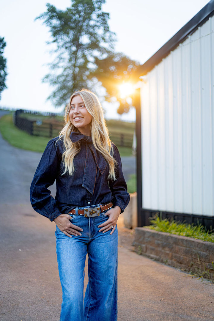 Wrangler Retro® Punchy Denim Bow Snap Shirt - Denim - 112382509 Shirt Long Sleeve Snap Shirt Women's Women’s Clothing Wrangler Wrangler