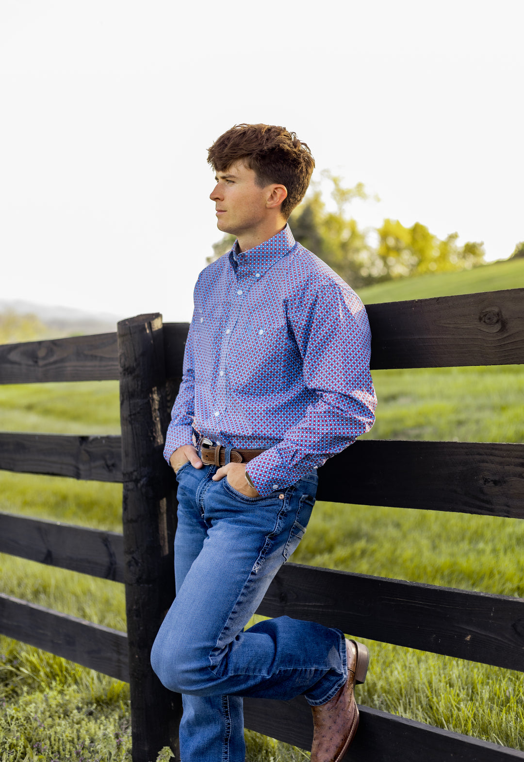 Wrangler® George Strait Collection Two Pocket Long Sleeve Shirt Blue/Red | 112379064 Shirt Button Up Long Sleeve Men's Wrangler Wrangler