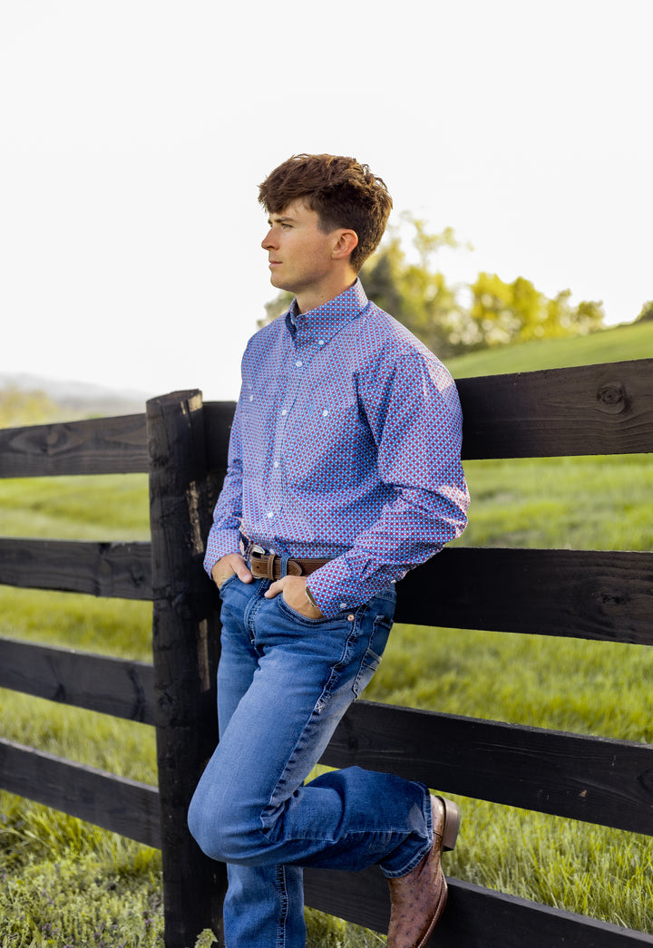 Wrangler® George Strait Collection Two Pocket Long Sleeve Shirt Blue/Red | 112379064 Shirt Button Up Long Sleeve Men's Wrangler Wrangler