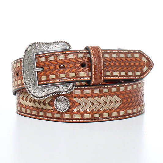 Nocona Men's Leather Basket-Weave with Cream Leather Lacing and Silver Concho Belt M & F
