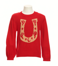 Load image into Gallery viewer, Wrangler Girl&#39;s Red with Antique Gold Horseshoe Long Sleeve Sweater
