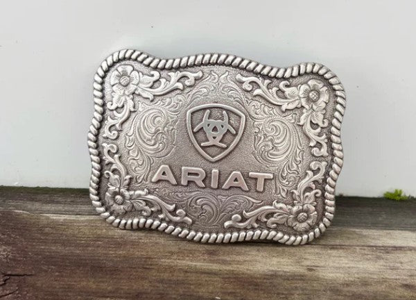 Ariat Men’s Belt Buckle Logo Filigree Rope Edge Silver