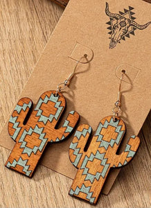 Wooden Turquoise Cactus Earrings