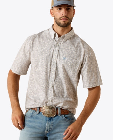 Men's Ariat Wrinkle Free Chris Classic Fit Shirt in White Geo Print 10071739 Shirt ariatmens Button Up Men's Short Sleeve Ariat