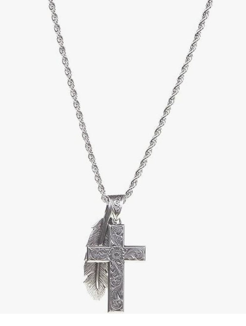 Twister Cross & Feather Necklace, Silver, 24" Chain 32140
