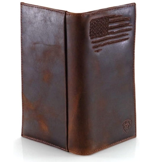 Ariat Men's Rodeo Wallet Distressed USA Flag & Shield Logo Brown A3545802
