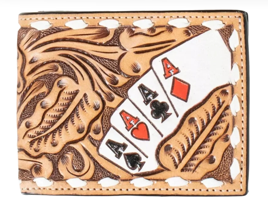 3D Men's Hand Painted Ace Cards Leather Brown Wallet Bi-Fold D250010548