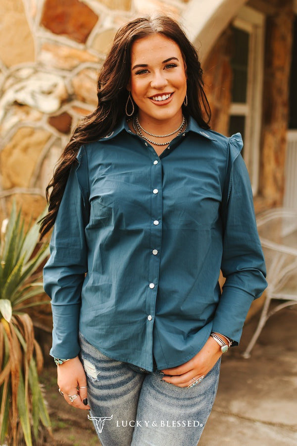 Teal Shoulder Ruffle Long Sleeve Shirt - Embroidered Detail Collar