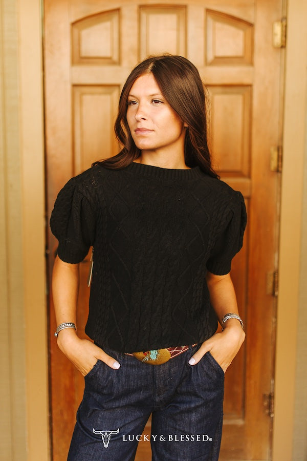 Cable Knit Puff Sleeve Sweater Top Sweaters Black burgundy cable knit fall sweater puff sleeve sweater top western knitwear Lucky &amp; Blessed