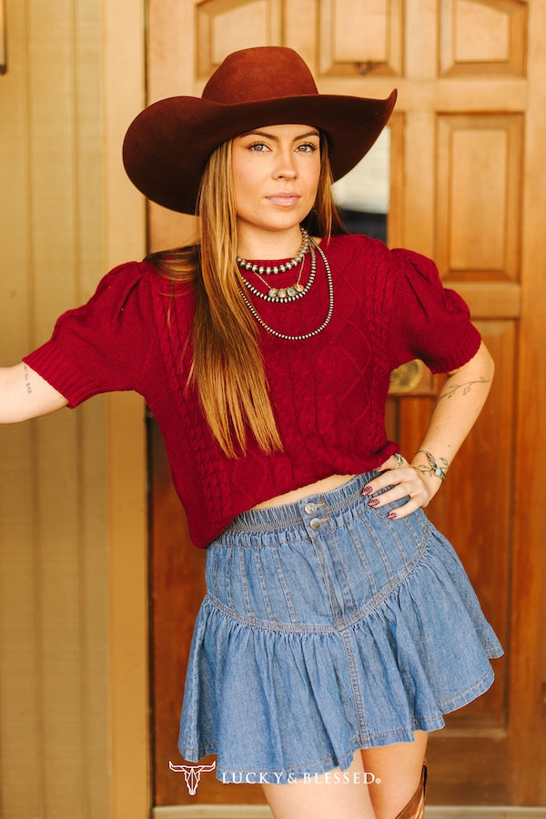 Cable Knit Puff Sleeve Sweater Top Sweaters Burgundy burgundy cable knit fall sweater puff sleeve sweater top western knitwear Lucky &amp; Blessed