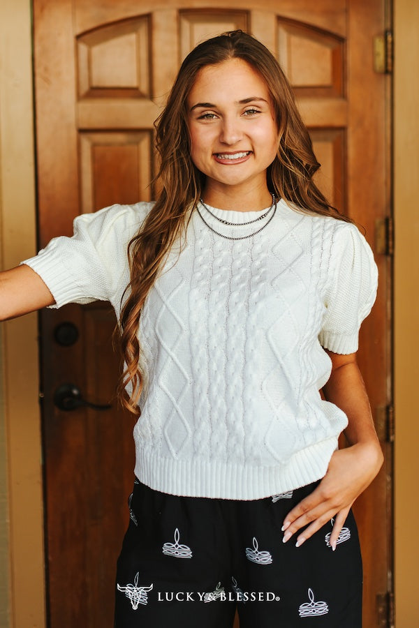 Cable Knit Puff Sleeve Sweater Top Sweaters White burgundy cable knit fall sweater puff sleeve sweater top western knitwear Lucky &amp; Blessed