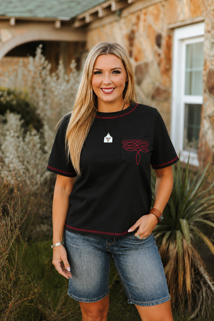 Boot-Stitch Contrast Embroidered Pocket Tee