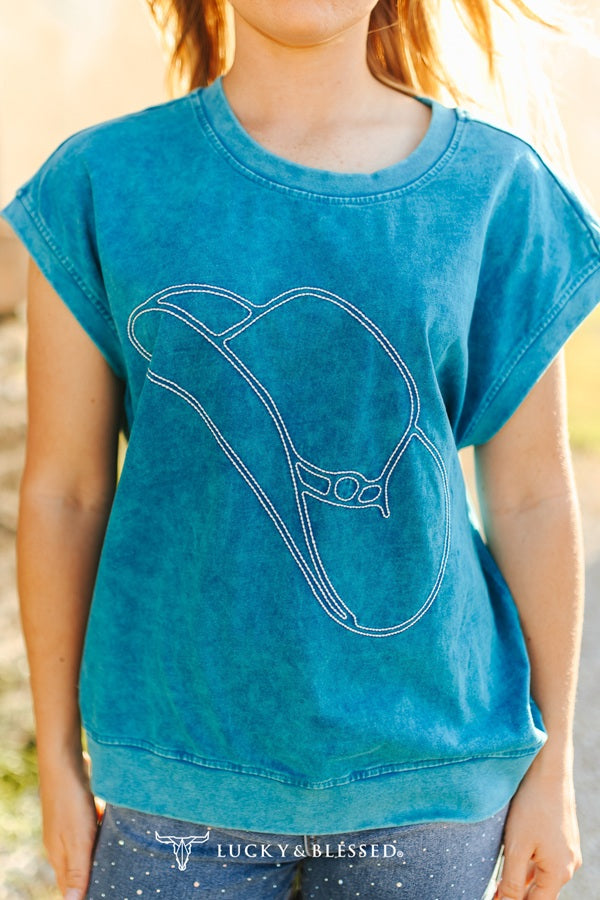 Teal Mineral Wash Ivory Cowboy Hat Contrast Stitch Shirt Shirts contrast stitch cowboy hat graphic tee mineral wash western shirt Lucky &amp; Blessed
