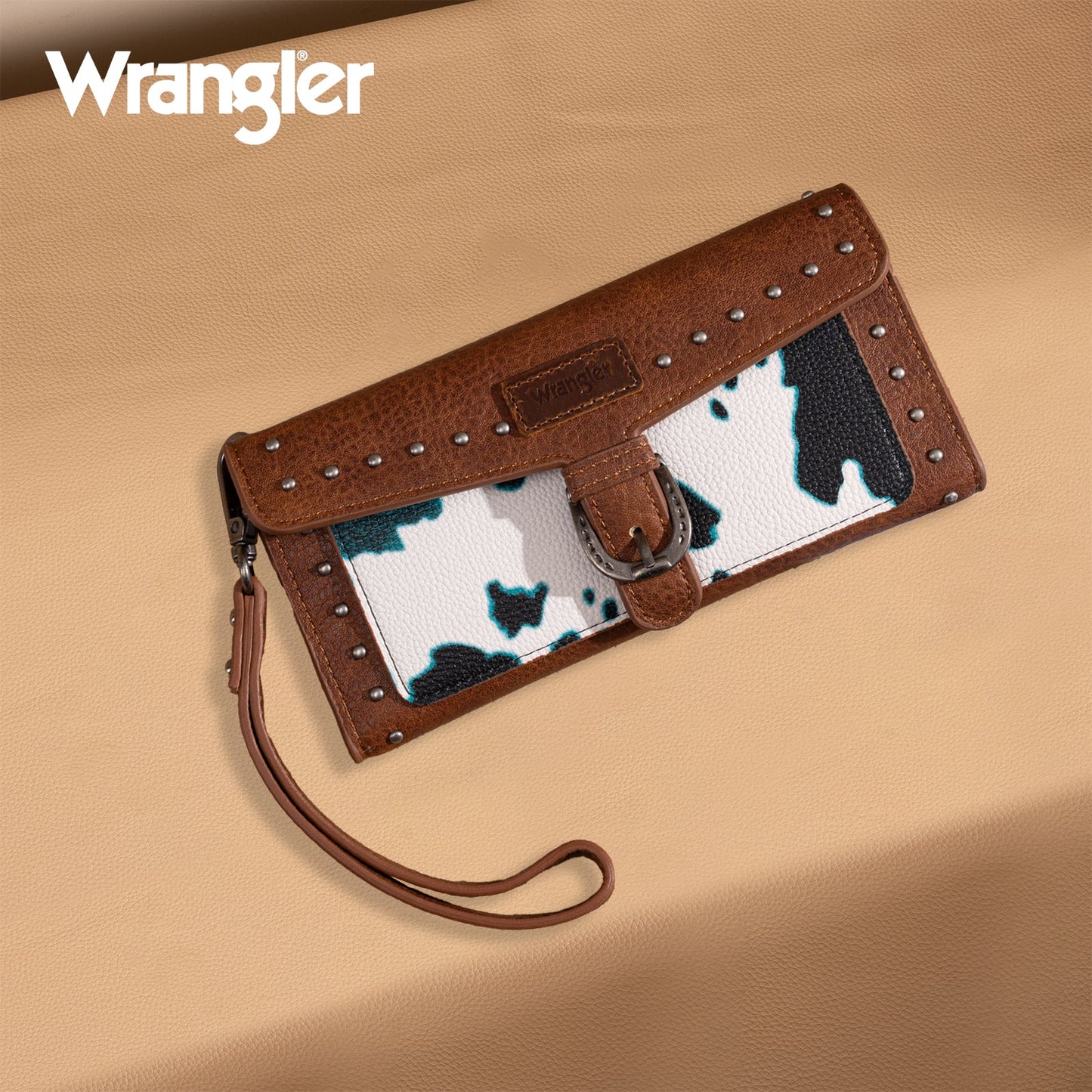 Wrangler Western Cow-Print Tri-fold RFID Wallet/Wristlet With Detachable Credit Card Holder -Turquoise WG195-W054 Wallet Montana West