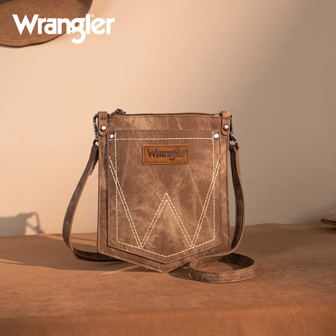 WG219-183 Wrangler "W" Stitch Water Repellent Denim Pocket Crossbody Purse Brown Montana West