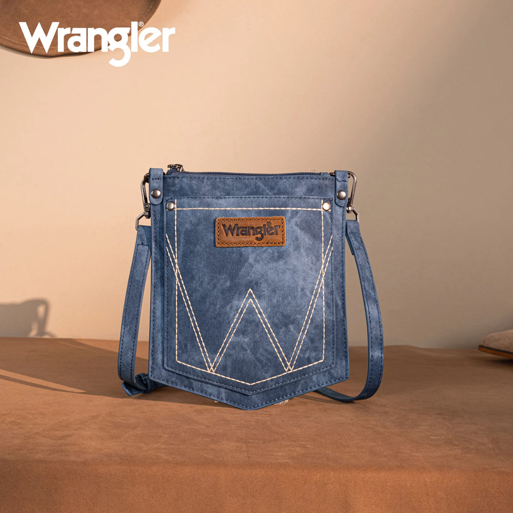 WG219-183 Wrangler "W" Stitch Water Repellent Denim Pocket Crossbody Purse Jean Montana West