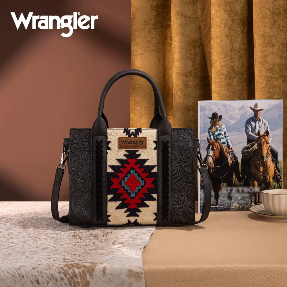 Wrangler Tooled Aztec Pattern Print Concealed Carry Tote/Crossbody WG226-8120 Purse Black Wrangler Montana West