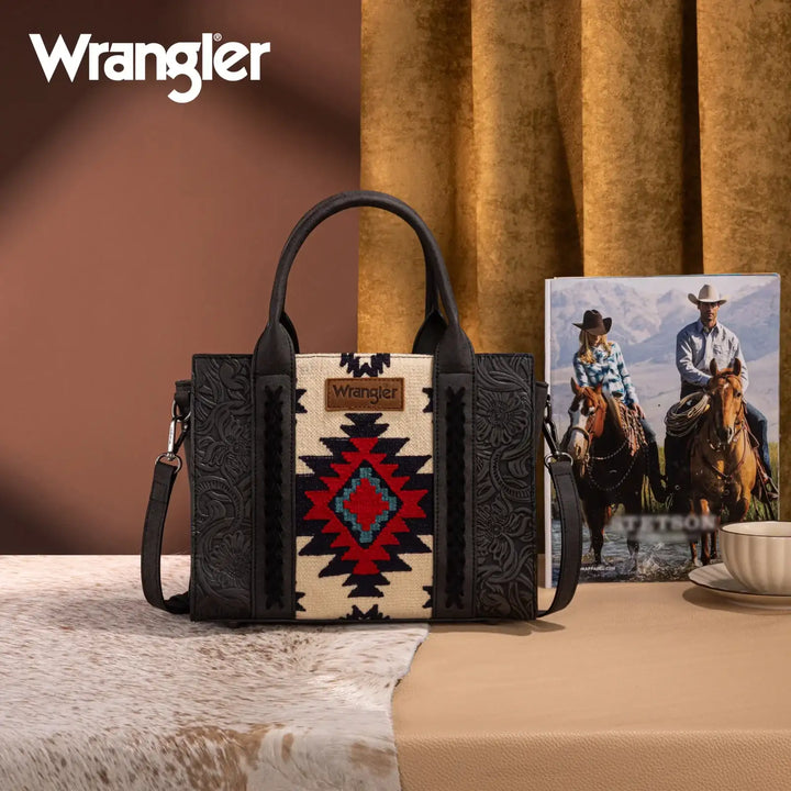 Wrangler Tooled Aztec Pattern Print Concealed Carry Tote/Crossbody WG226-8120 Purse Black Wrangler Montana West