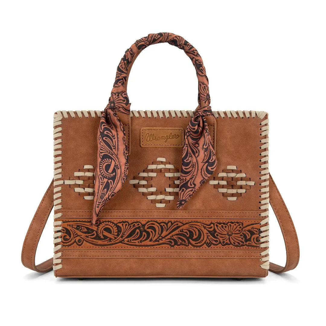 Wrangler Whipstitch Aztec Satchel/Crossbody with Scarf Handle WG310-8120 Purse Brown Accessory Purse Women's Wrangler Montana West