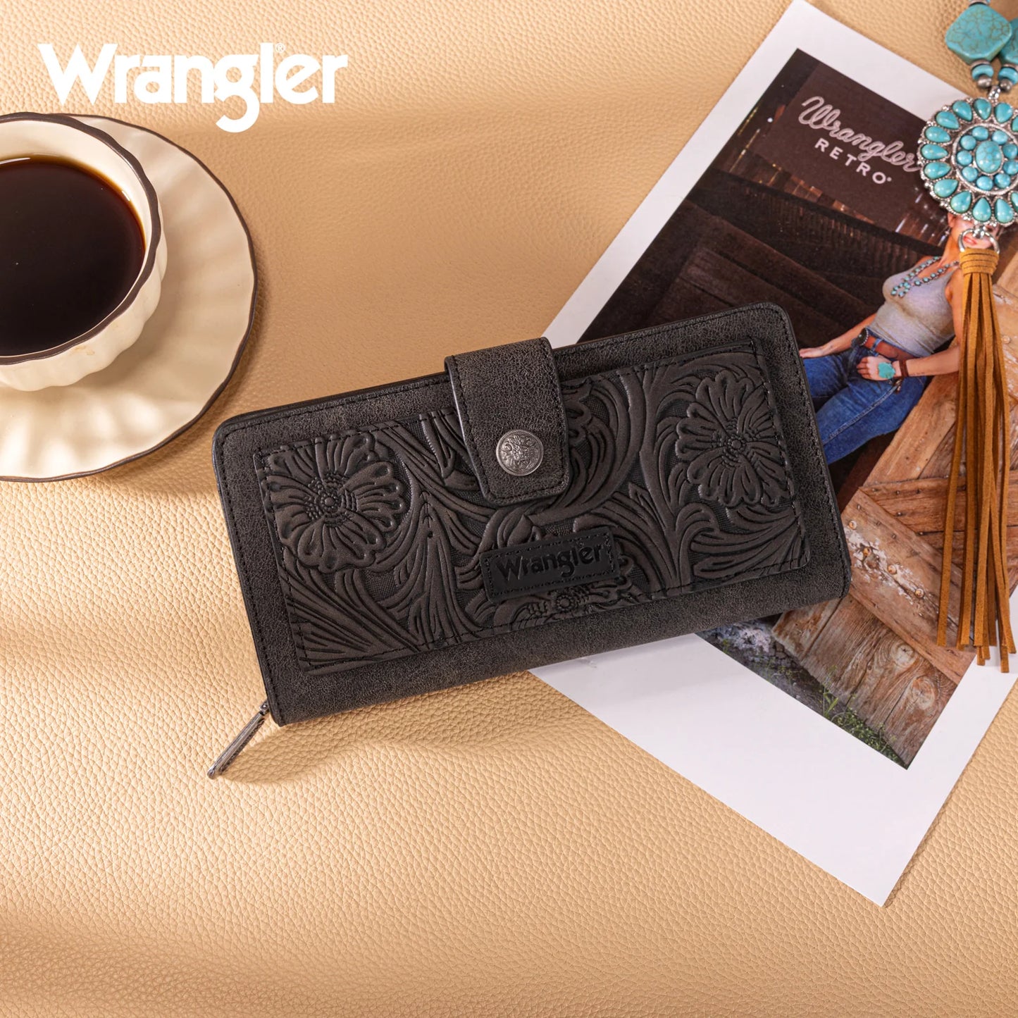 Wrangler Western Floral Tooled RFID Wallet WG339-W080 Wallet Black Montana West