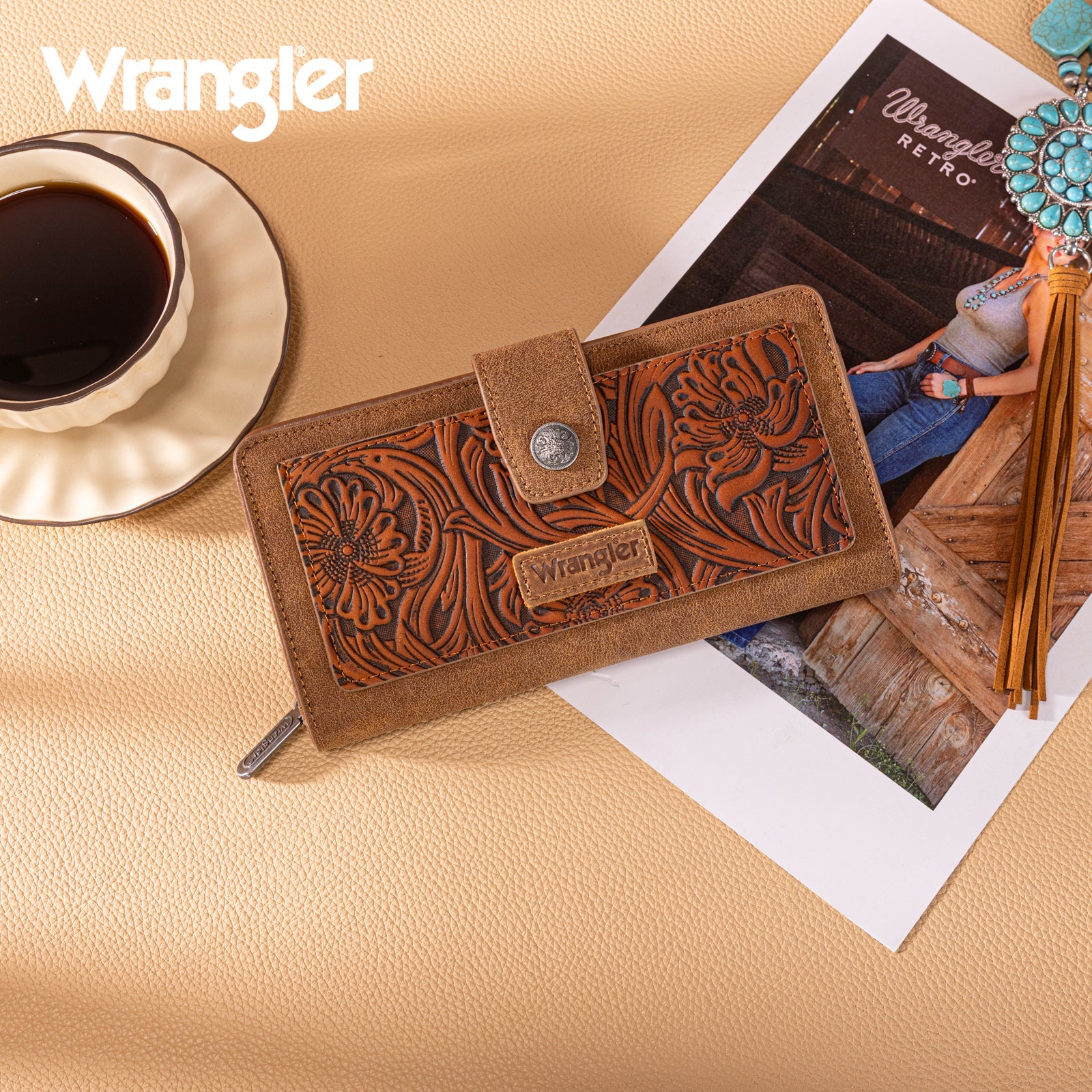 Wrangler Western Floral Tooled RFID Wallet WG339-W080 Wallet Brown Montana West