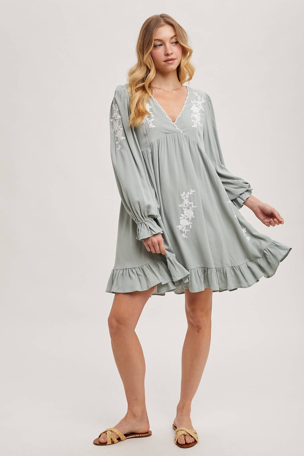 EMBROIDERED V-NECK RUFFLED DRESS dress Bluivy