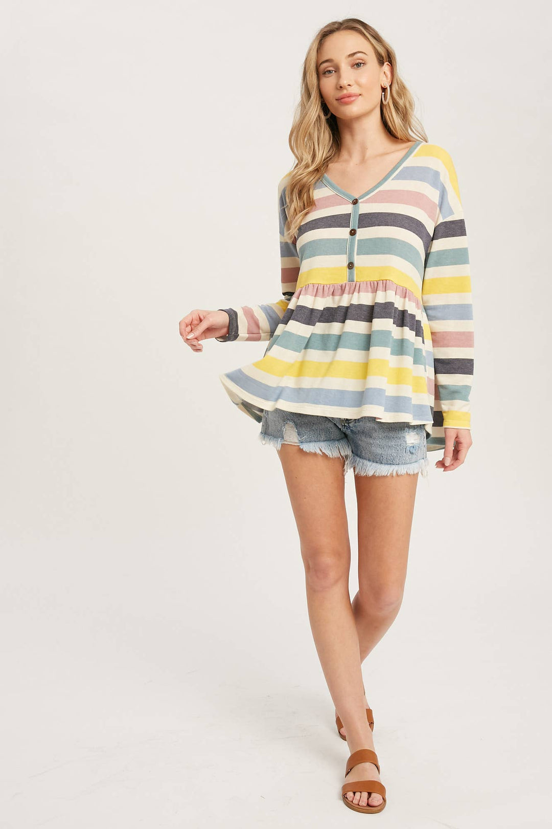 BUTTON FRONT MULTI STRIPE TOP Shirt 60% off Women's Bluivy