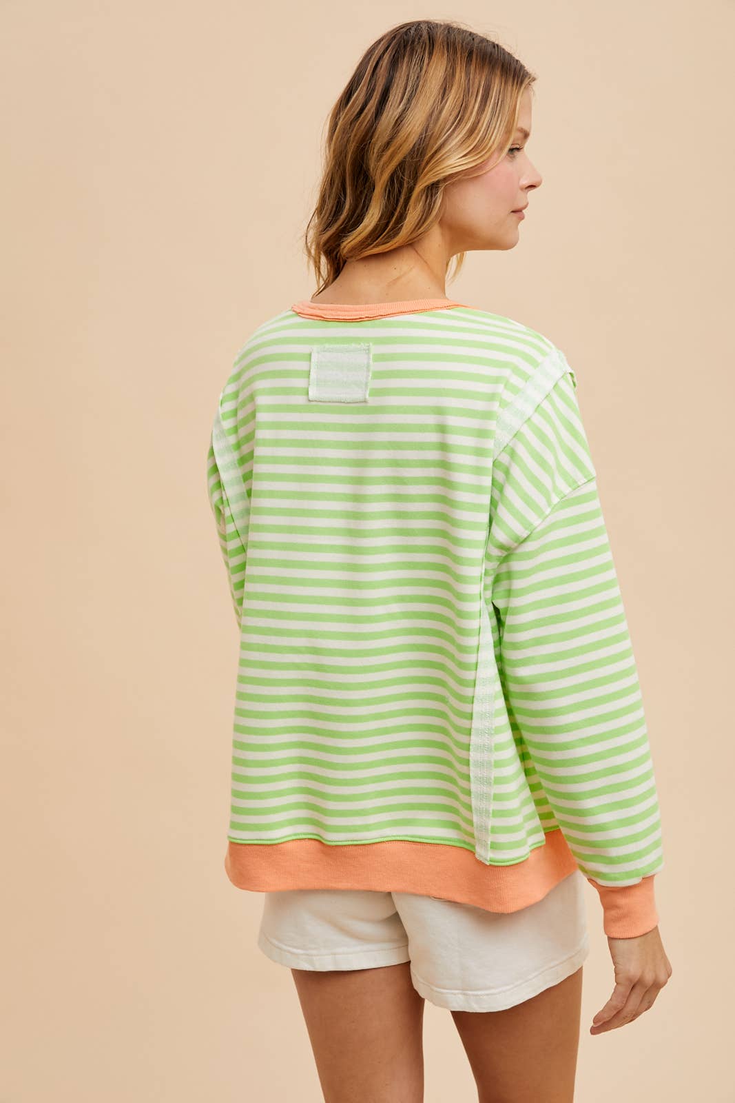 GARMENT WASHED STRIPED TERRY PULLOVER Shirt LIME CREAM L 60% off Women's In Loom